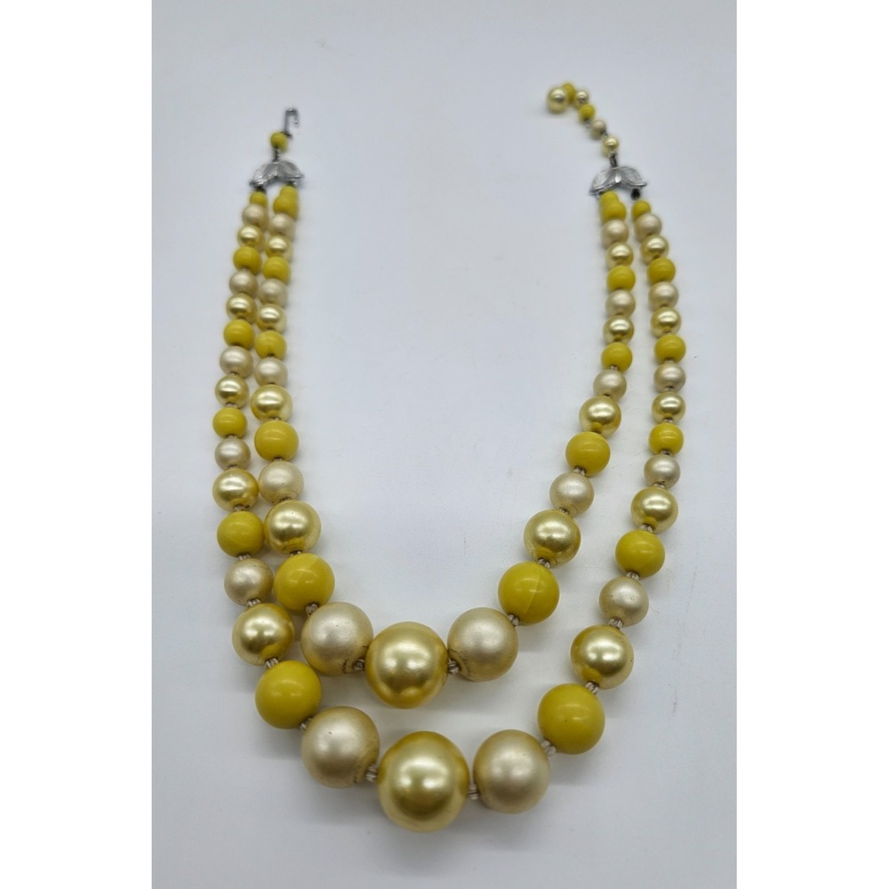 Vintage TWO Strand Necklace Signed‎ Japan Yellow Beads Hook Closure 17"